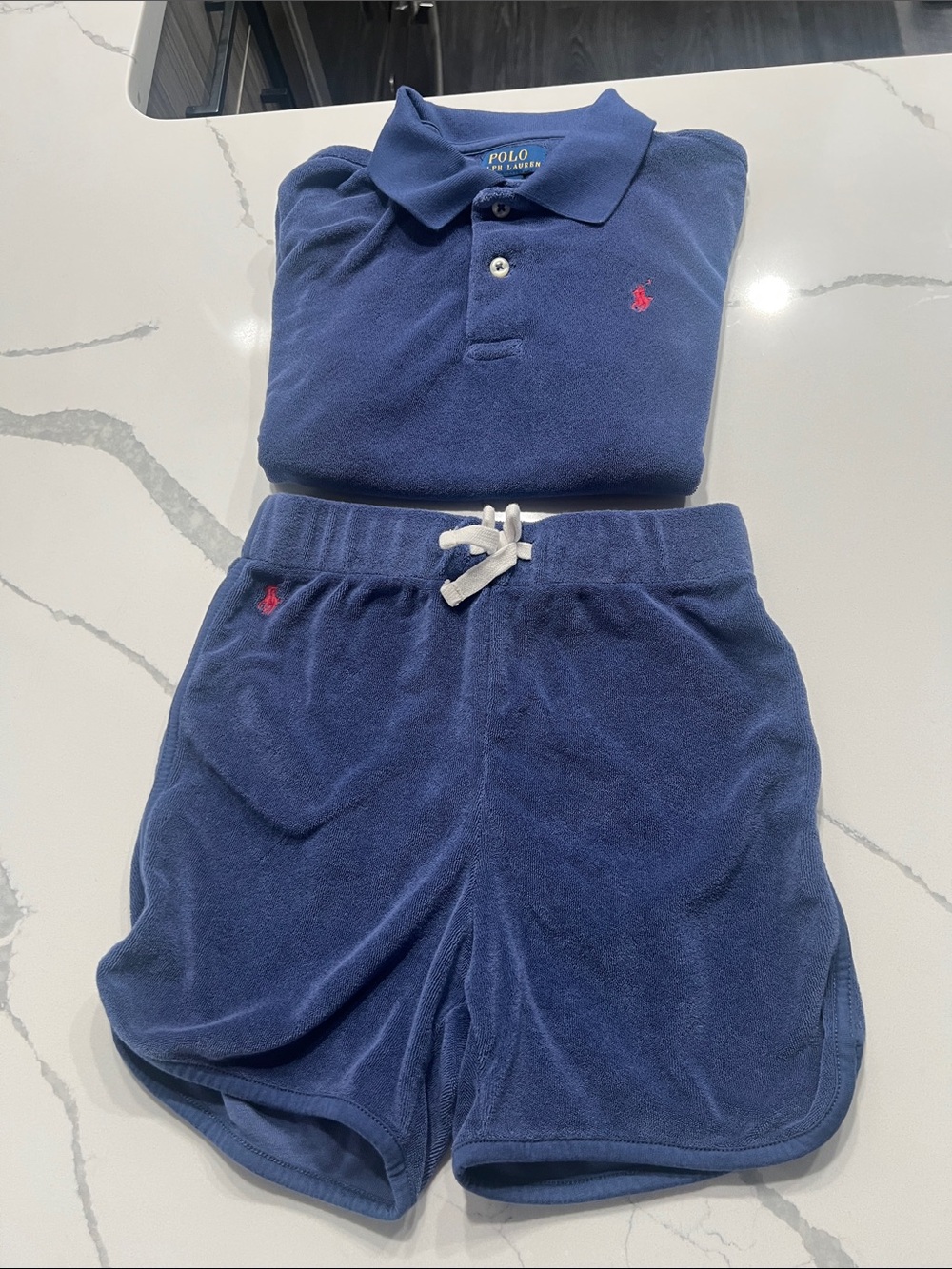 Polo by Ralph Lauren Navy Terry Shorts & Polo Set with Red Logo.  Never Worn